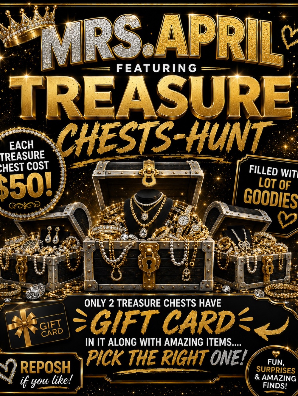 Mrs. April Treasure Chests-Hunt Promotional Poster - Gold & Black